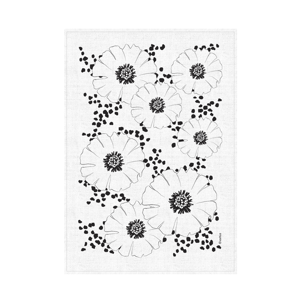 1. Teatowel_GardenParty white 40×60 cm on grey tea towel 50×70 c