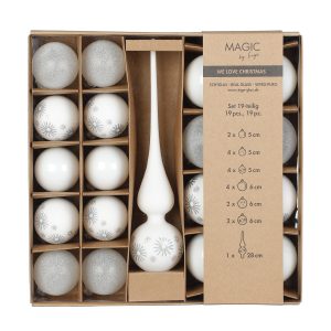 Jólakúlur og toppur saman í pakka, 19 stk - hvítt