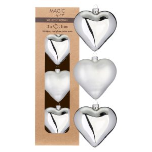 Hjörtu jólaskraut 3 stk, 8 cm - silfur/ frost