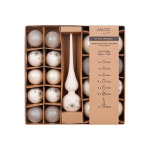 Jólakúlur og toppur saman í bakka, 19 stk - hvítt/silfur