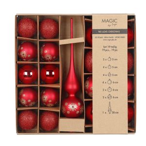 Jólakúlur og toppur, 19 stk í pakka - rautt