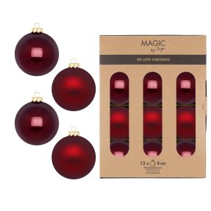 Jólakúlur 12 stk,  8 cm - dökkrauðar