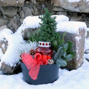 Leiðisskreyting með slaufu - rautt kerti